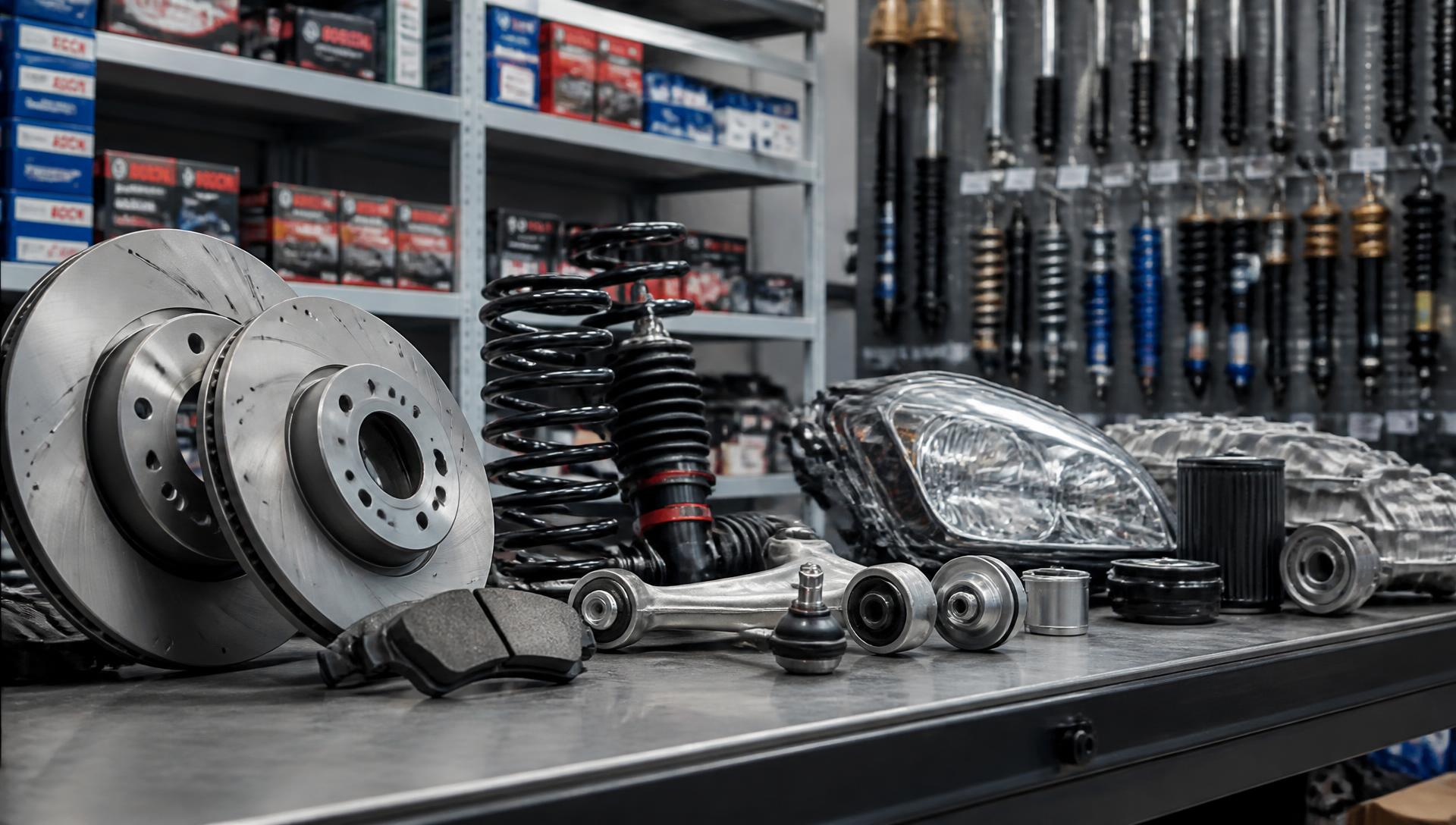 New auto parts on a workbench including brake rotors, suspension components, and lighting