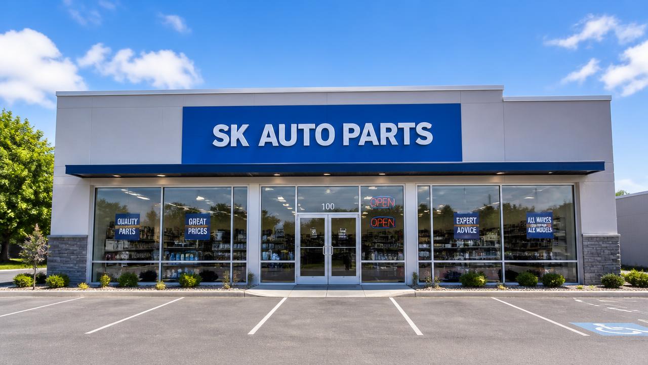 SK Auto Parts storefront with blue signage and parking lot